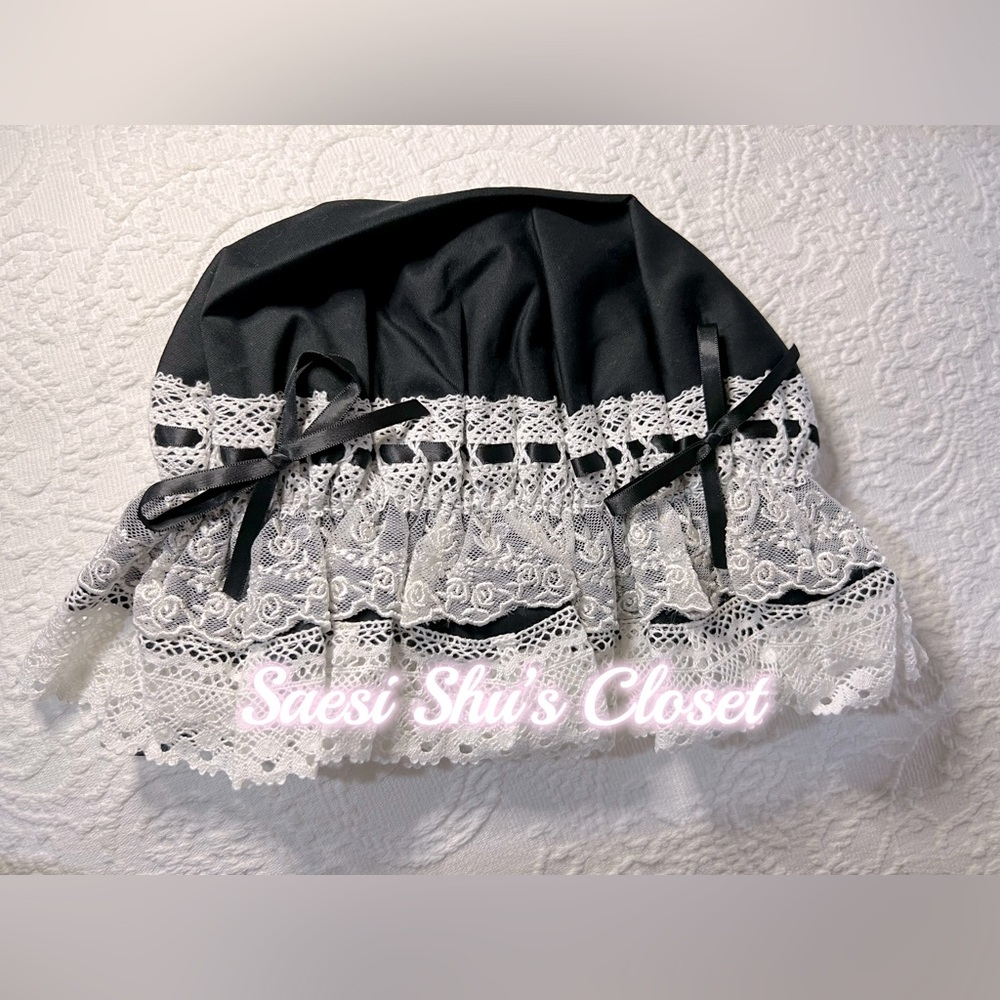 NWT Rococo Classic Lolita Bonnet Nightcap Black x White Double Layered Lace